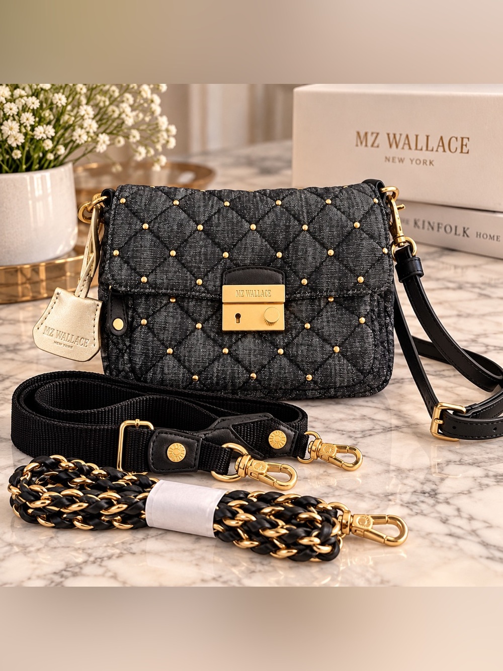 MZ Wallace Small Crosby Lock Quilted Denim Studded Crossbody Bag